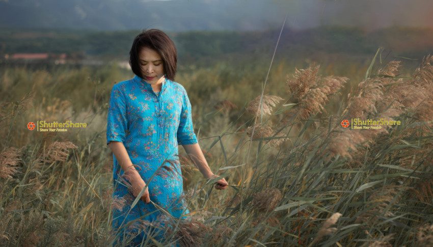 Woman in Blue Dress Amongst Reeds