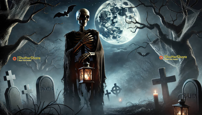 Spooky Halloween Scene with Skeleton and Full Moon