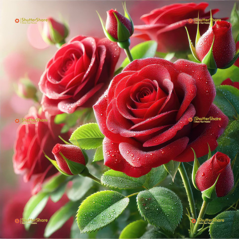 Fresh Red Roses with Dewdrops